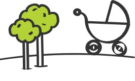 Cartoon pram on hill with two trees