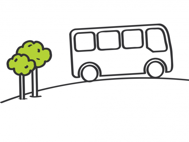 Cartoon bus on hill with two trees